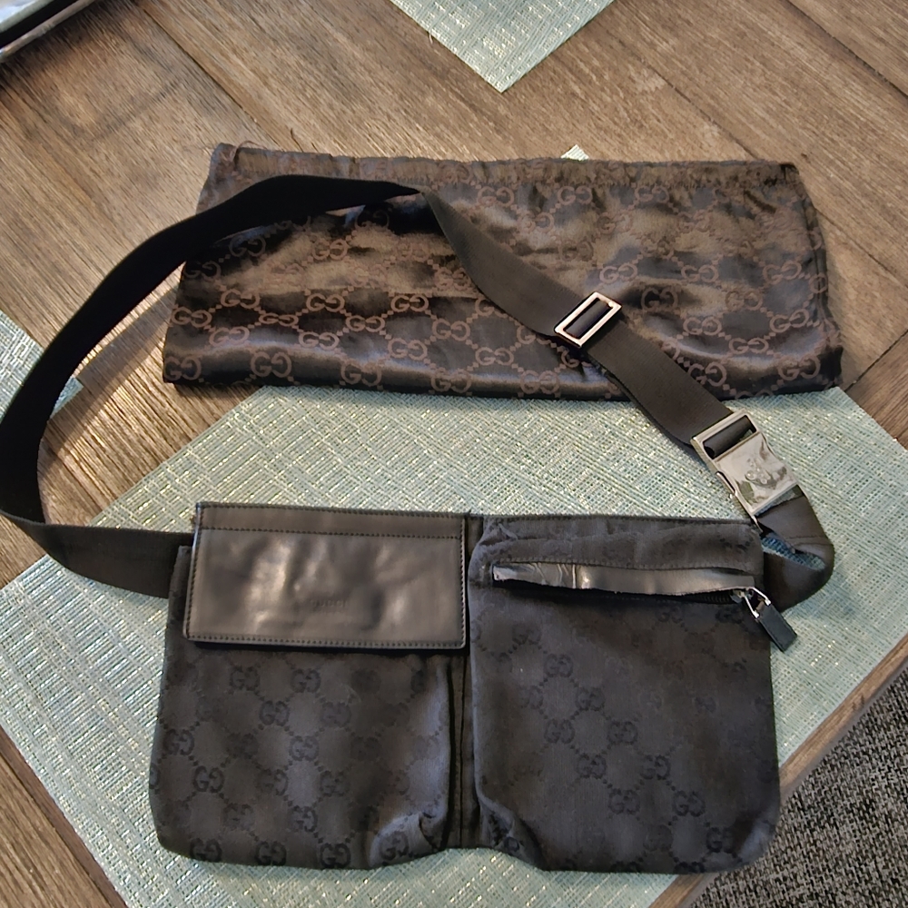 Authentic Gucci black monogram canvas waist bag fanny pack bum bag